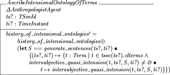 \begin{schema}{AscribeIntensionalOntologyOfTerms}
\Delta AnthropologistAgent
\\ ...
...t \mapsto intersubjective\_quasi\_intension(t, ts?, S, ti?) \} \} )
\end{schema}