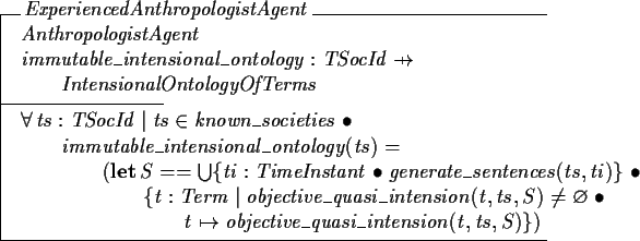 \begin{schema}{ExperiencedAnthropologistAgent}
AnthropologistAgent
\\
immutable...
...yset @ \\
\t4 t \mapsto objective\_quasi\_intension(t, ts, S) \} )
\end{schema}