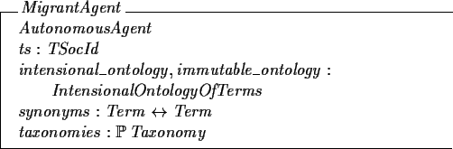 \begin{schema}{MigrantAgent}
AutonomousAgent
\\
ts : TSocId
\\
intensional\_on...
...erms
\\
synonyms : Term \rel Term
\\
taxonomies : \power Taxonomy
\end{schema}