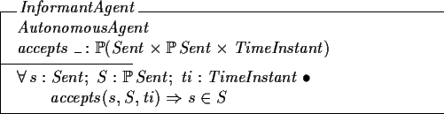 \begin{schema}{InformantAgent}
AutonomousAgent
\\
accepts~\_ : \power (Sent \cr...
... Sent ; ti : TimeInstant @ \\
\t1 accepts(s,S,ti) \implies s \in S
\end{schema}