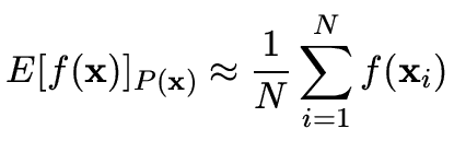 $\displaystyle E[f(\vec{x})]_{P(\vec{x})} \approx \frac{1}{N} \sum_{i=1}^N f(\vec{x}_i)$